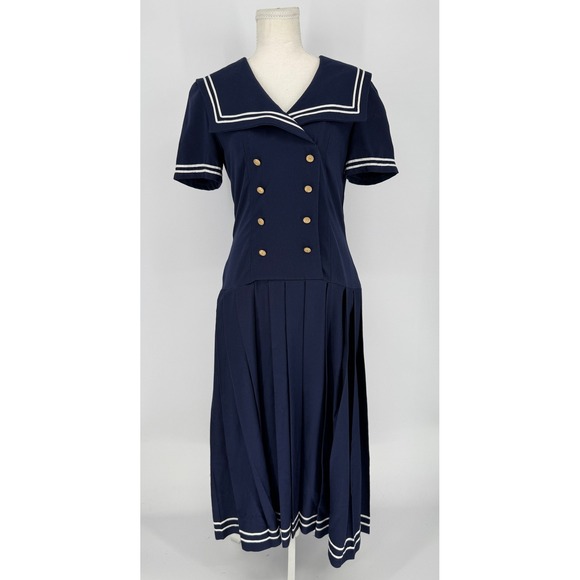 Dresses & Skirts - Vintage Handmade Navy Sailor Dress S Nautical Pleated Midi Gold Buttons Preppy